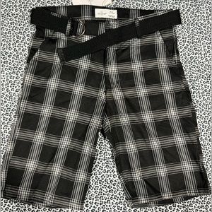 black & white plaid shorts with belt